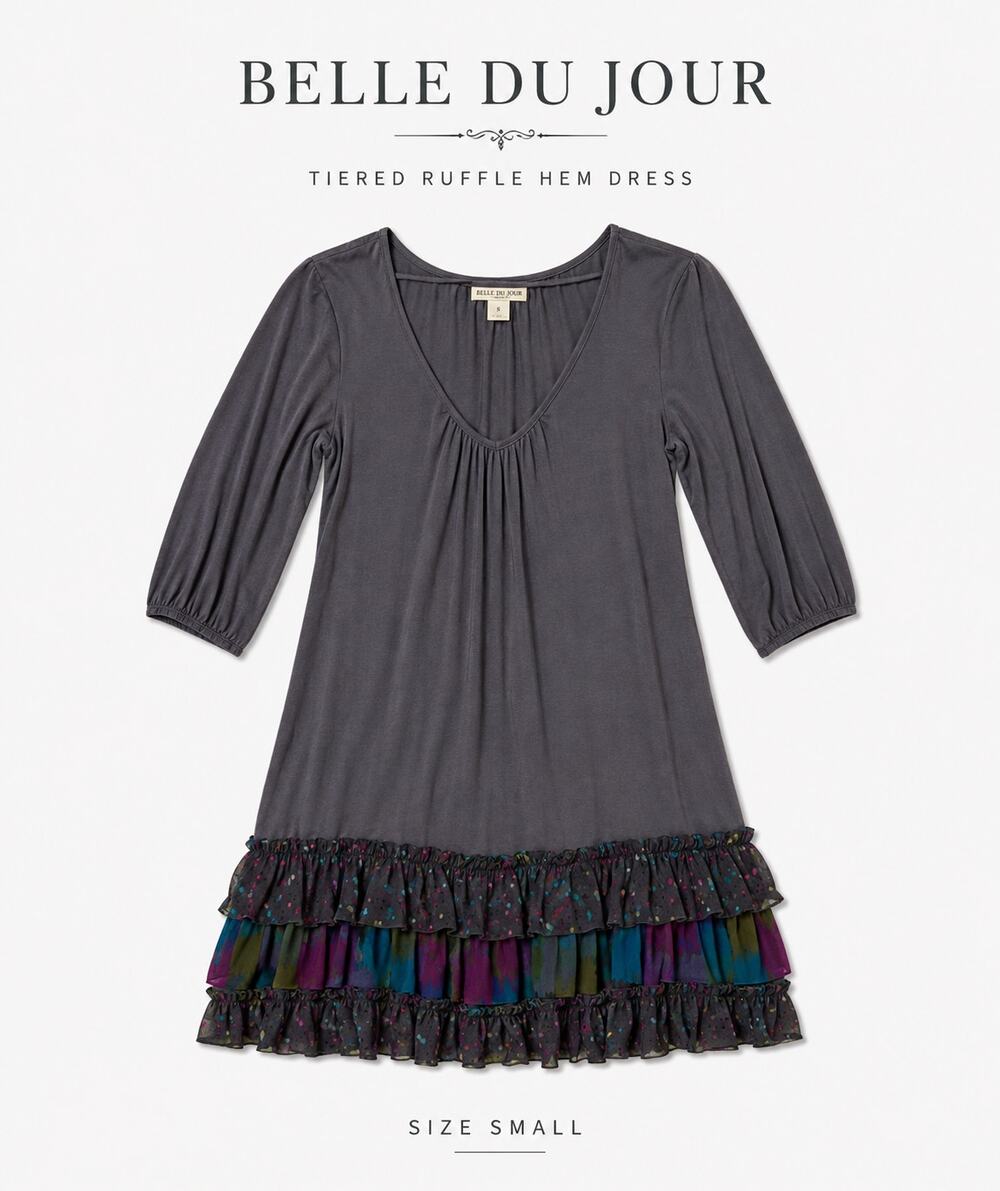 Belle Du Jour Tiered Ruffle Hem Dress Small Gray Boho Festival Mini Dress